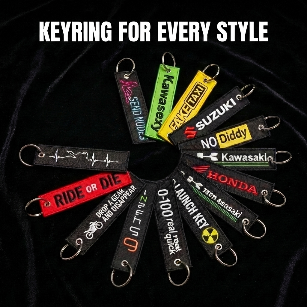 embroidered motorcycle key tag with reinforced eyelet and fabric strap